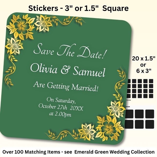 Save The Date - Emerald Green & Gold Square Sticker (Creator Uploaded)