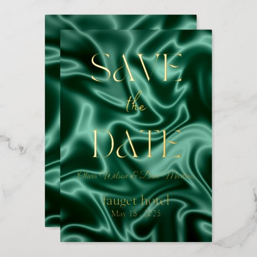 save the date emerald green silk background foil i foil invitation