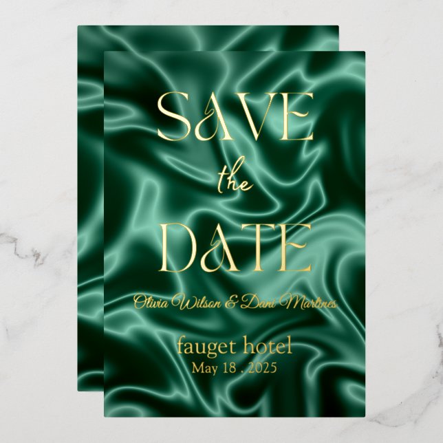 save the date emerald green silk background foil i invitation (Front/Back)