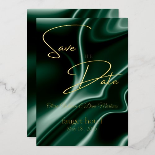 save the date emerald green silk background foil invitation