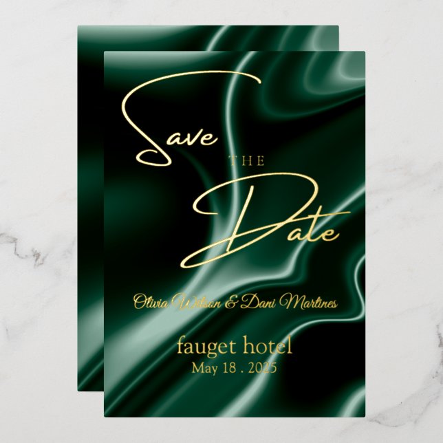 save the date emerald green silk background foil invitation (Front/Back)