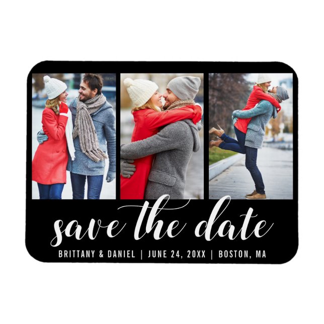 Save The Date Engagement 3 Photo Blk Magnet (Horizontal)