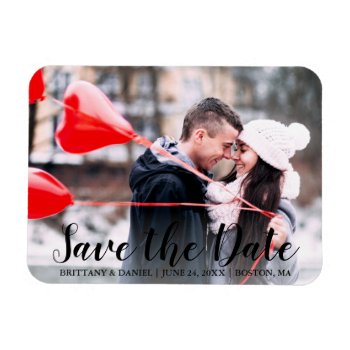 Save The Date Engagement Couple Photo Blk Script Magnet by HappyMemoriesPaperCo at Zazzle