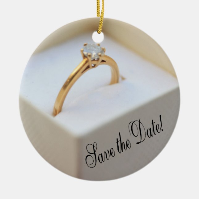 Save the Date Engagement ring in box Ceramic Ornament (Front)