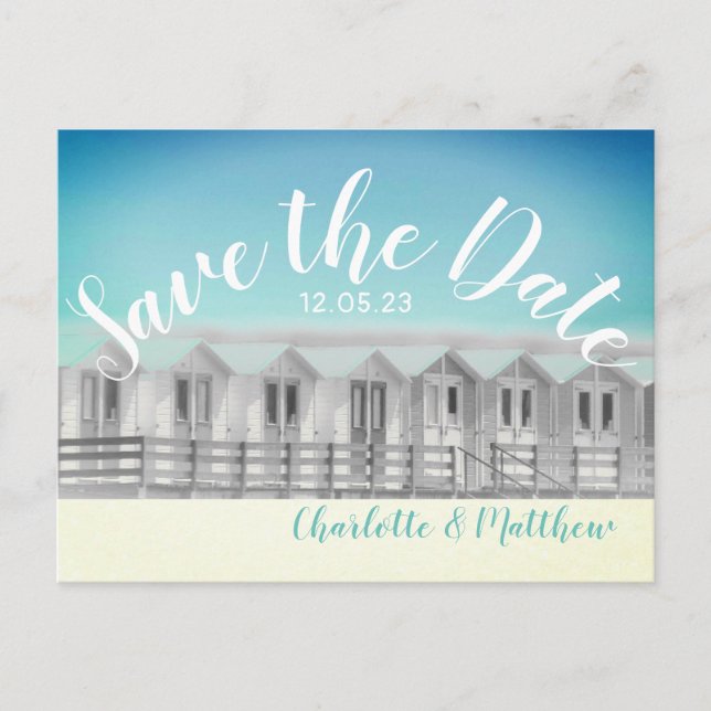 Save the date English beach hut seaside postcard (Front)