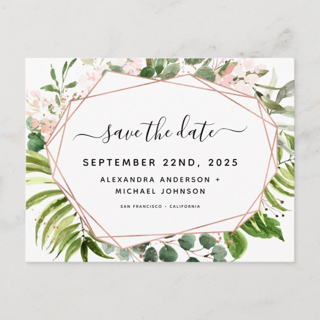 Save the Date Eucalyptus Greenery Geometric Announcement Postcard (Front)