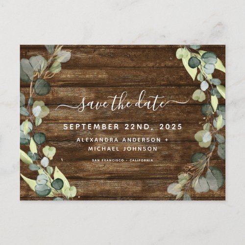 Save the Date Eucalyptus Greenery Rustic Wood Announcement Postcard