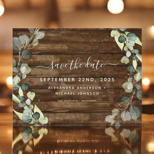 Save the Date Eucalyptus Greenery Rustic Wood Announcement Postcard