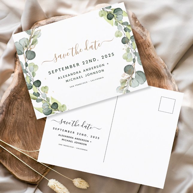 Save the Date Eucalyptus Greenery Succulent Announcement Postcard (Creator Uploaded)