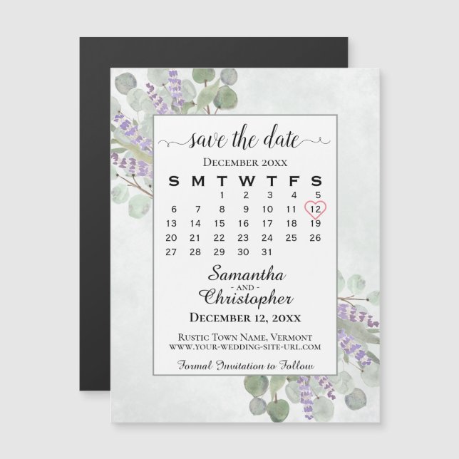 Save the Date Eucalyptus Lavender Calendar White (Front/Back)