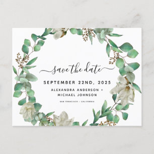 Save the Date Eucalyptus Magnolia Greenery Announcement Postcard