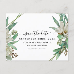 Save the Date Eucalyptus Magnolia Greenery Announcement Postcard