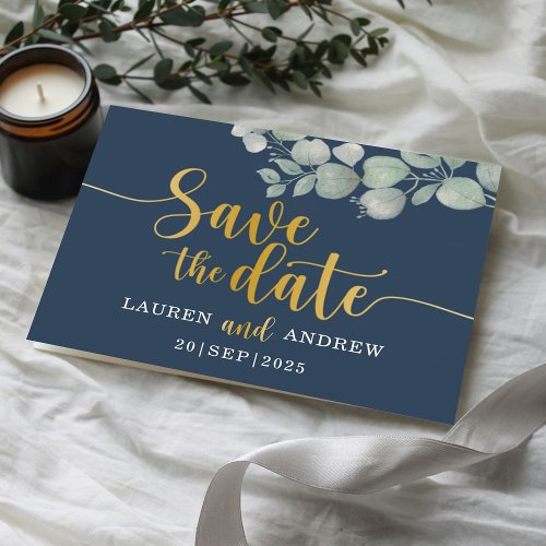 Save the Date Eucalyptus Navy  Gold Wedding Postcard