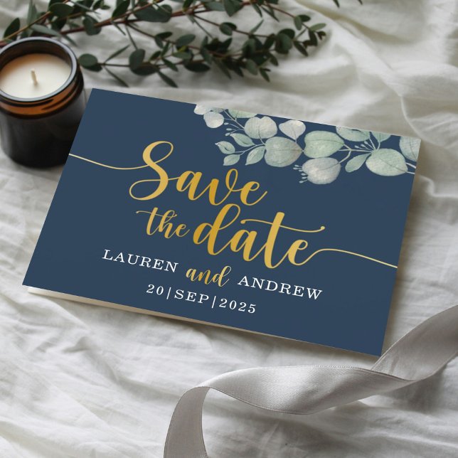 Save the Date Eucalyptus Navy & Gold Wedding Postcard (Creator Uploaded)