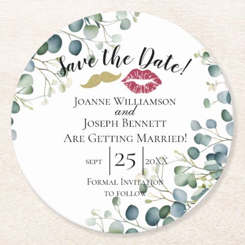 save the date eucalyptus wedding day lips tash round paper coaster