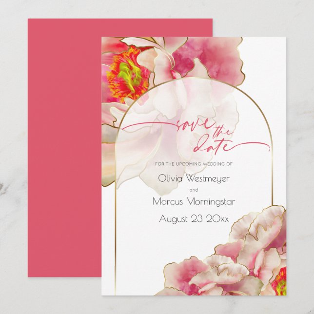 Save the Date | Exotic Coral Rose Peony  Invitatio Invitation (Front/Back)