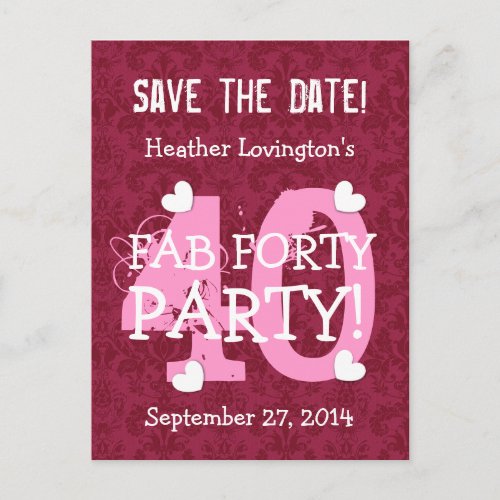 Save the Date FAB 40 Birthday Party V09 WINE RED Announcement Postcard