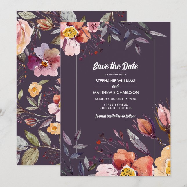 Save the Date. Fall Flowers Plum Wedding  Invitation (Front/Back)