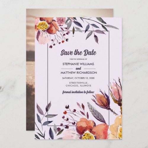 Save the Date Fall Flowers Plum Wedding Photo Invitation