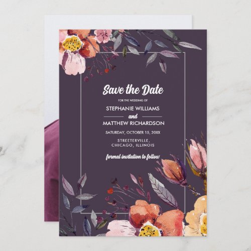 Save the Date Fall Flowers Plum Wedding Photo Invitation