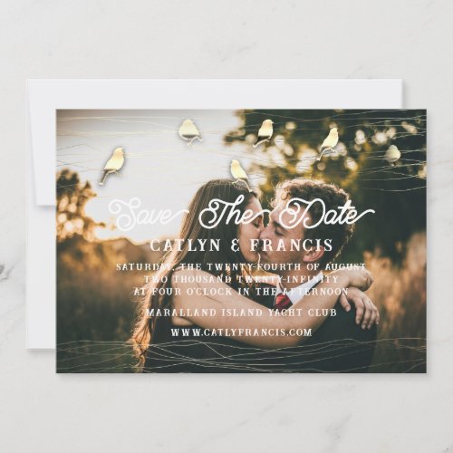 Save The Date Faux Gold Gray Foto Cottage Bird Invitation