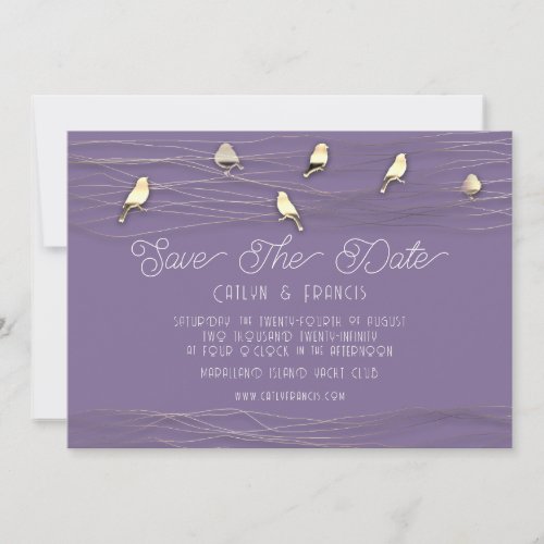 Save The Date Faux Gold Purple Foto Cottage Birds Invitation