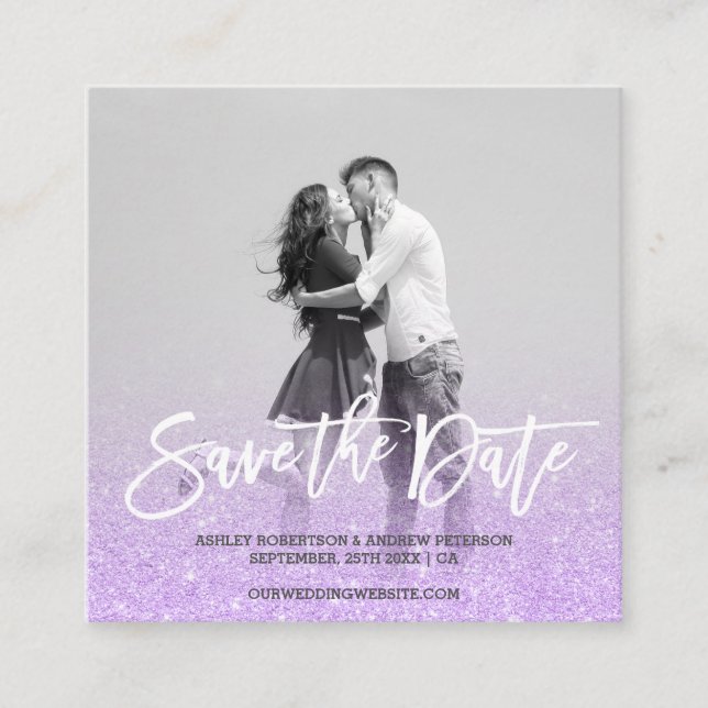 Save the Date faux Purple lavender glitter photo Square Business Card (Front)