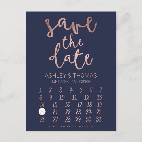 Save the Date faux Rose gold calendar navy blue Announcement Postcard