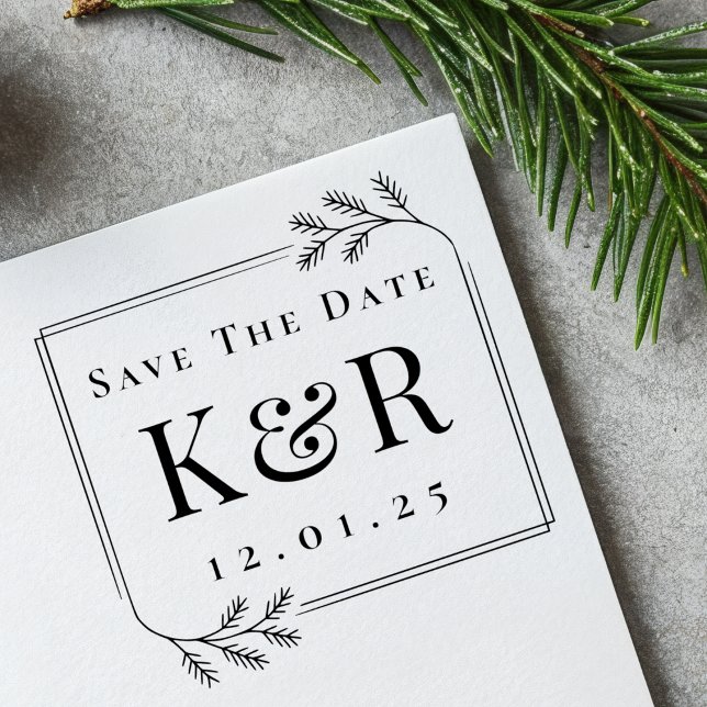 Save the Date Fir Frame Winter Wedding Monogram Rubber Stamp (Creator Uploaded)