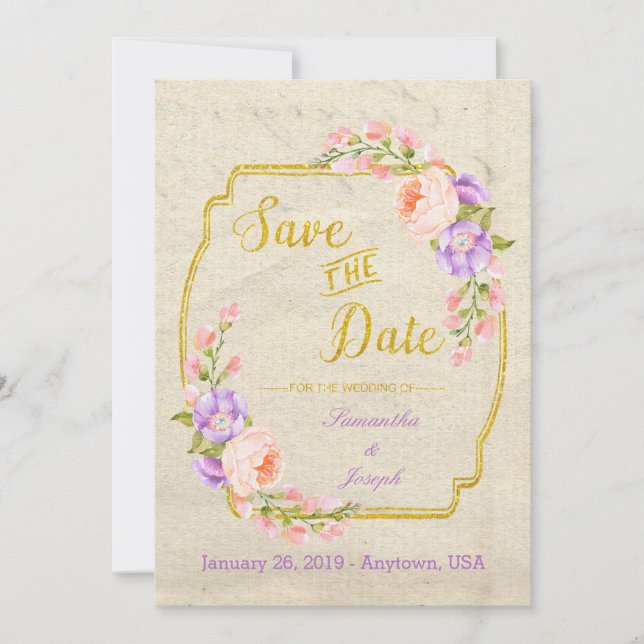 Save the Date Floral and Gold on Parchment STD (Front)