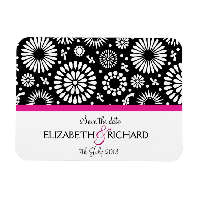 Save the Date Floral Black White Boho Sunflower  Magnet (Horizontal)