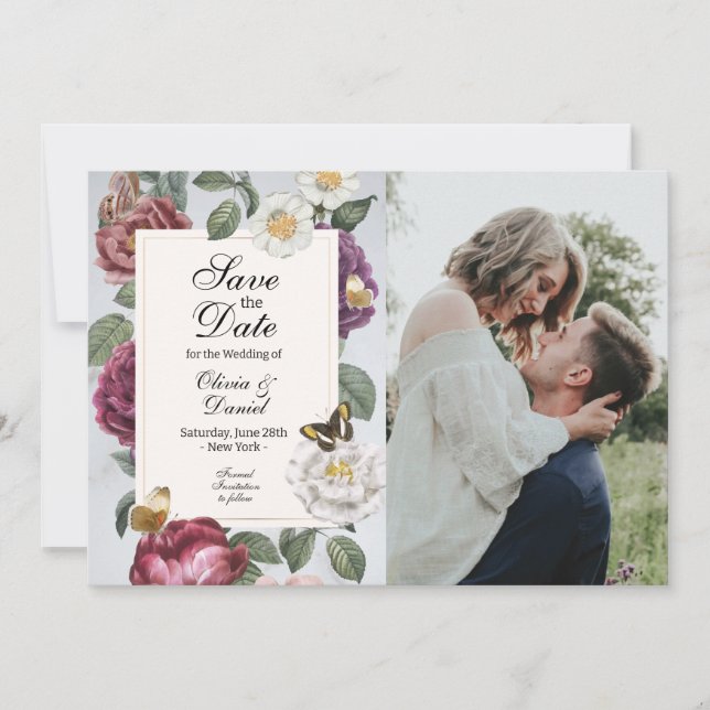 Save The Date Floral Bloom Butterfly Flowers Photo (Front)