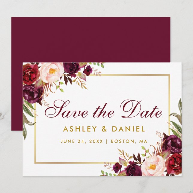 Save The Date Floral Burgundy Gold BB (Front/Back)