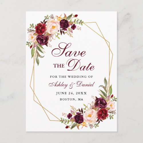Save the Date Floral Burgundy Gold Frame Announcement Postcard