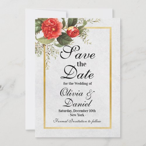 Save The Date Floral Christmas Red Gold Wedding