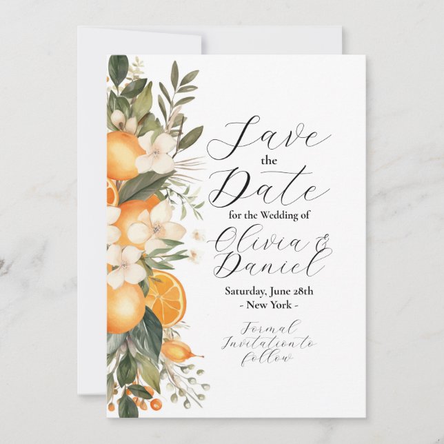 Save The Date Floral Flowers Fruit Oranges (Front)