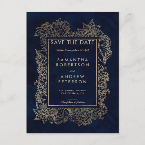 Save the Date floral gold navy blue watercolor Announcement Postcard