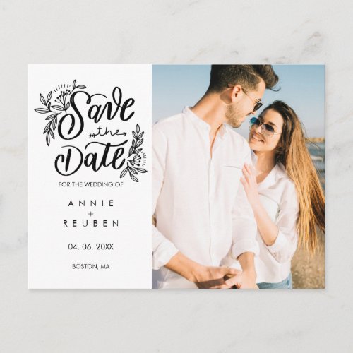 Save the Date Floral Hand Script Simple Photo Postcard