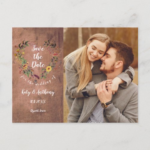 Save the Date Floral Heart Rustic Wood Photo Postcard