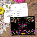 Save the Date  Floral Mexican Fiesta Black Announcement Postcard<br><div class="desc">Save the Date Postcard which you can customize to suit any occasion. The floral design has an abundance of pretty Mexican Fiesta flowers on the front with sweet typography in pink and a black background. The template is set up for you to personalize the postcard with your special date, your...</div>