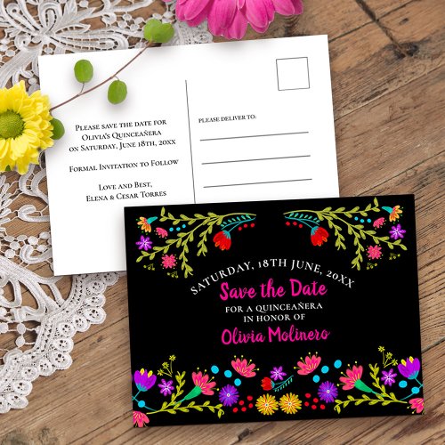 Save the Date  Floral Mexican Fiesta Black Announcement Postcard