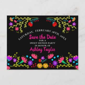 Save the Date Floral Mexican Fiesta Black Sweet 16 Announcement Postcard