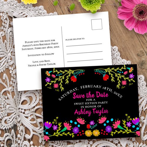 Save the Date Floral Mexican Fiesta Black Sweet 16 Announcement Postcard