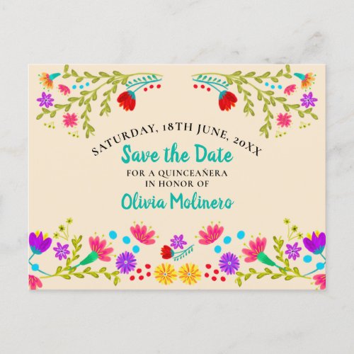 Save the Date  Floral Mexican Fiesta Champagne Announcement Postcard