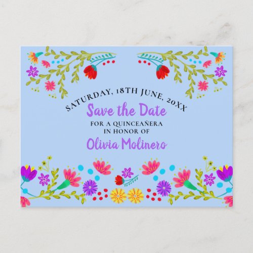 Save the Date  Floral Mexican Fiesta Light Blue Announcement Postcard