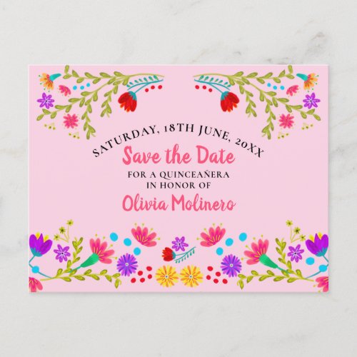 Save the Date  Floral Mexican Fiesta Pink Announcement Postcard