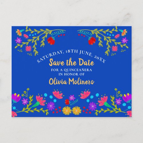 Save the Date  Floral Mexican Fiesta Royal Blue Announcement Postcard
