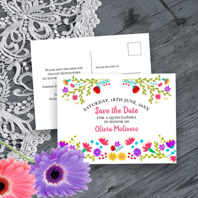 Save the Date  Floral Mexican Fiesta White Announcement Postcard