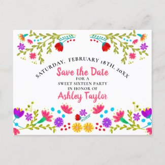 Save the Date Floral Mexican Fiesta White Sweet 16 Announcement Postcard
