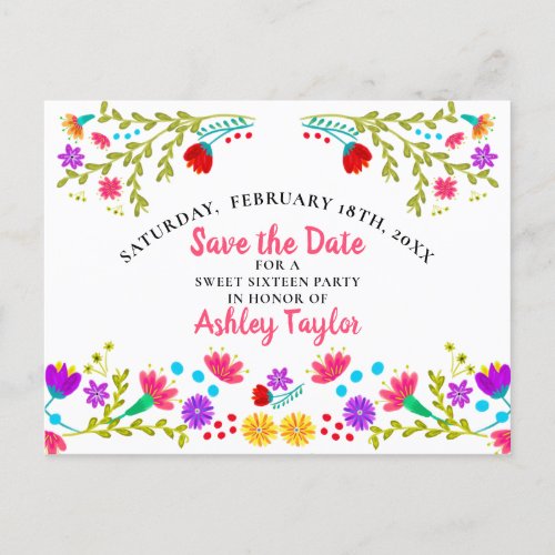 Save the Date Floral Mexican Fiesta White Sweet 16 Announcement Postcard